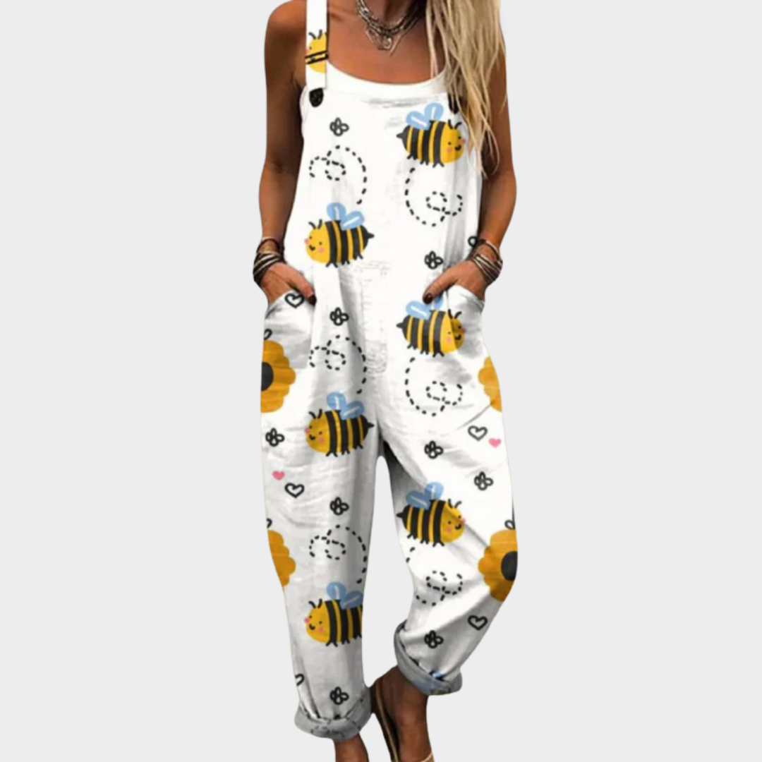 Weiße Jumpsuit mit Bienen- und Herzdruck, ärmellos, lockerer Schnitt