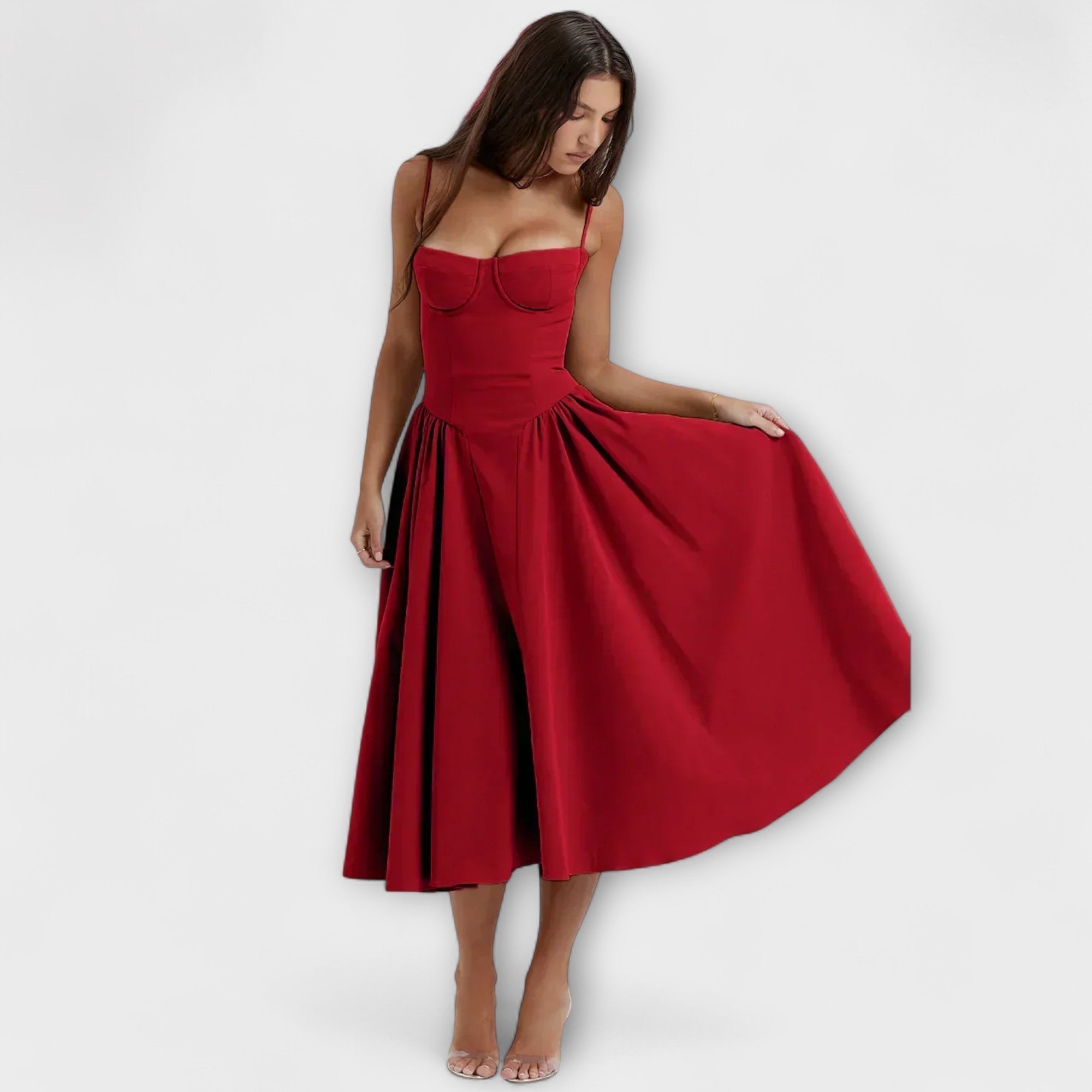 Rotes ärmelloses Korsettkleid mit Spaghettiträgern, leicht ausgestelltem Rock