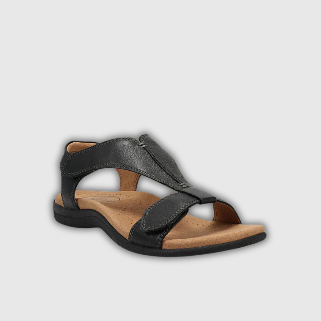 Leder-Sandale mit verstellbarem Riemen und anatomischem Fußbett, schwarz