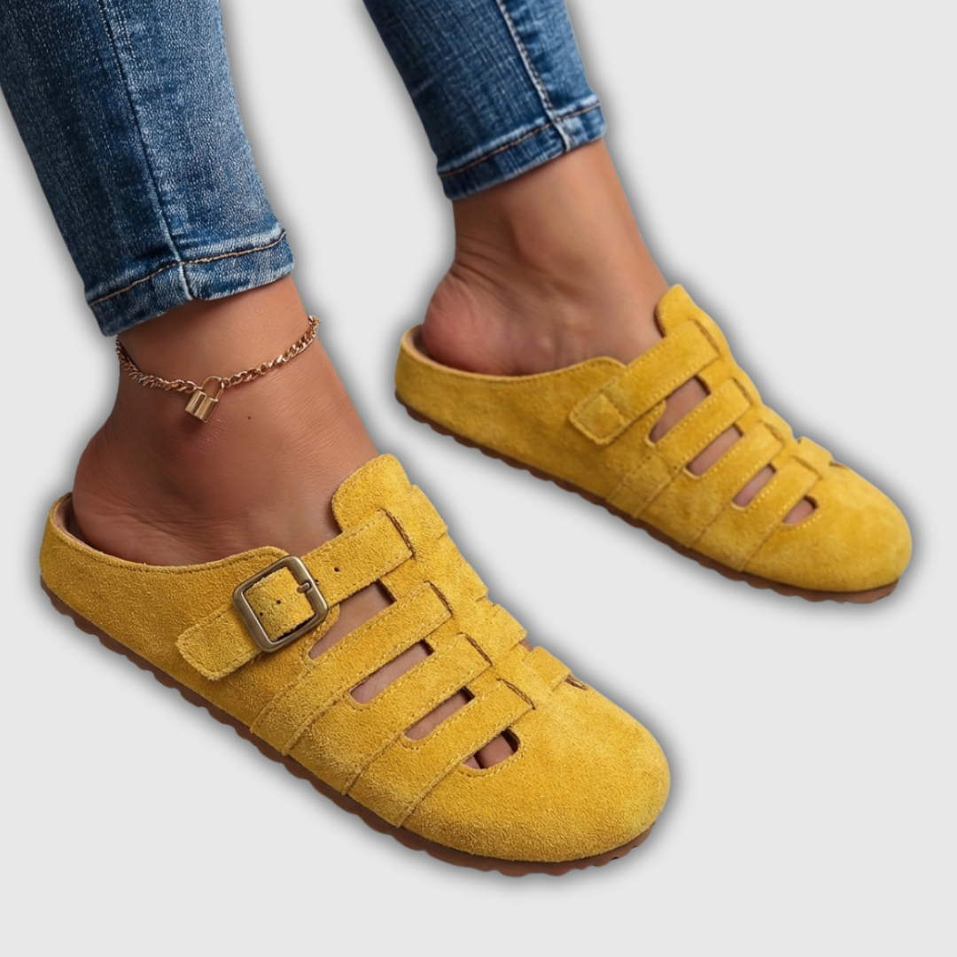 Wildleder-Mules mit offenen Riemen und Schnalle, gelb