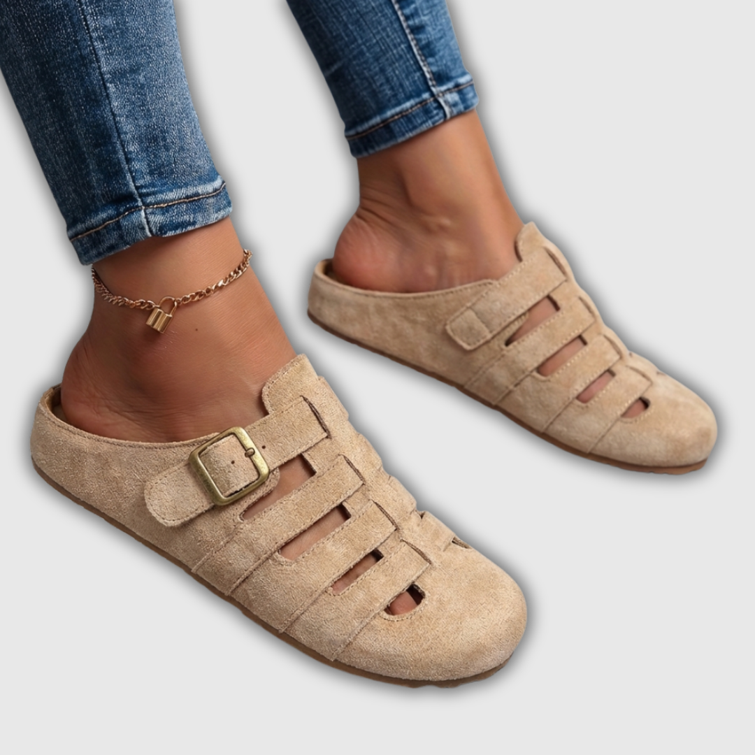 Wildleder-Mules mit offenen Riemen und Schnalle, khaki