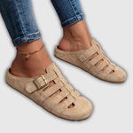 Wildleder-Mules mit offenen Riemen und Schnalle, khaki