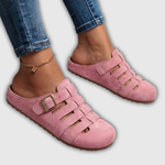 Wildleder-Mules mit offenen Riemen und Schnalle, rosa