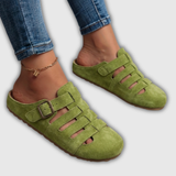 Wildleder-Mules mit offenen Riemen und Schnalle, grün