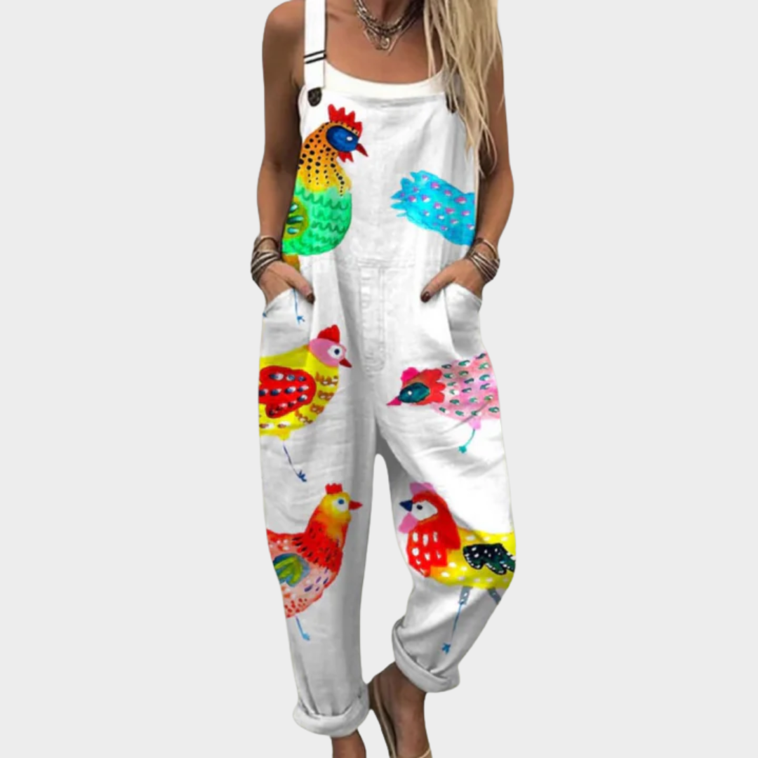 Bequemer bedruckter Jumpsuit mit Vogelmotiv, ärmellos auf weißem Grund