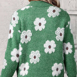 Pullover mit Reißverschlusskragen, grüner Strick mit großen weißen Blumen auf dem Rücken