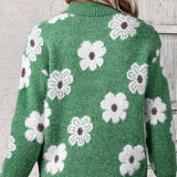 Pullover mit Reißverschlusskragen, grüner Strick mit großen weißen Blumen auf dem Rücken