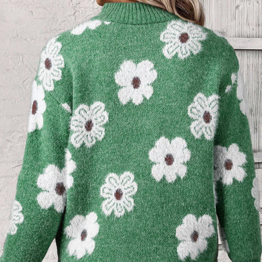 Pullover mit Reißverschlusskragen, grüner Strick mit großen weißen Blumen auf dem Rücken