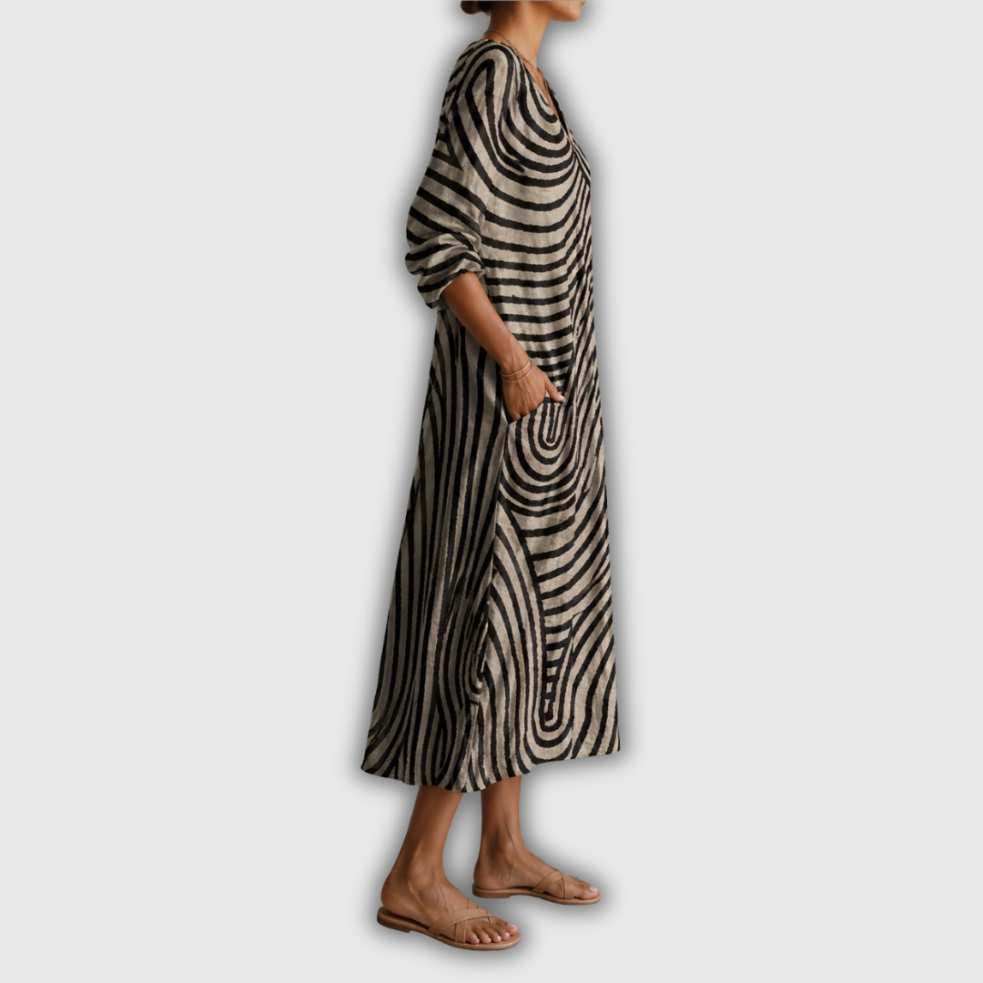 Midi-Kleid mit Wellenmuster, V-Ausschnitt, 3/4-Ärmel, schwingender Midirock