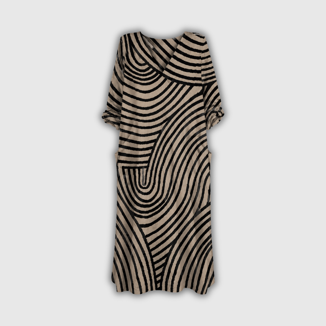 Midi-Kleid mit grafischem Wellenmuster, V-Ausschnitt, 3/4-Ärmel, Midilänge
