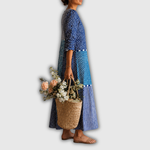 Maxikleid im Patchwork-Mix, V-Ausschnitt, lange Ärmel, blau/teal/weiß