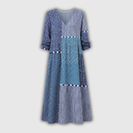 Maxikleid im Patchwork-Mix, V-Ausschnitt, langärmelig, blau/teal/weiß