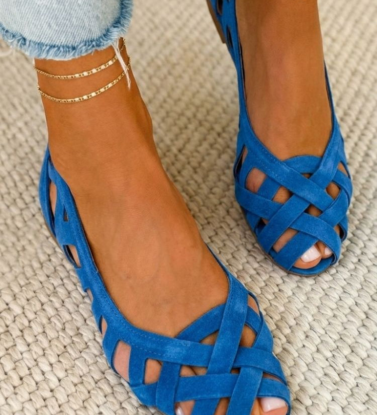 Emma geflochtene Sandalen, blaue Riemchen mit offenen Zehen