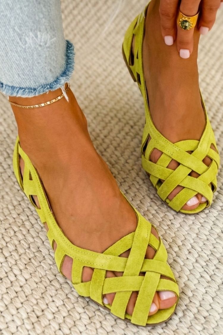 Emma geflochtene Sandalen, gelbgrüne Riemchen mit offenen Zehen