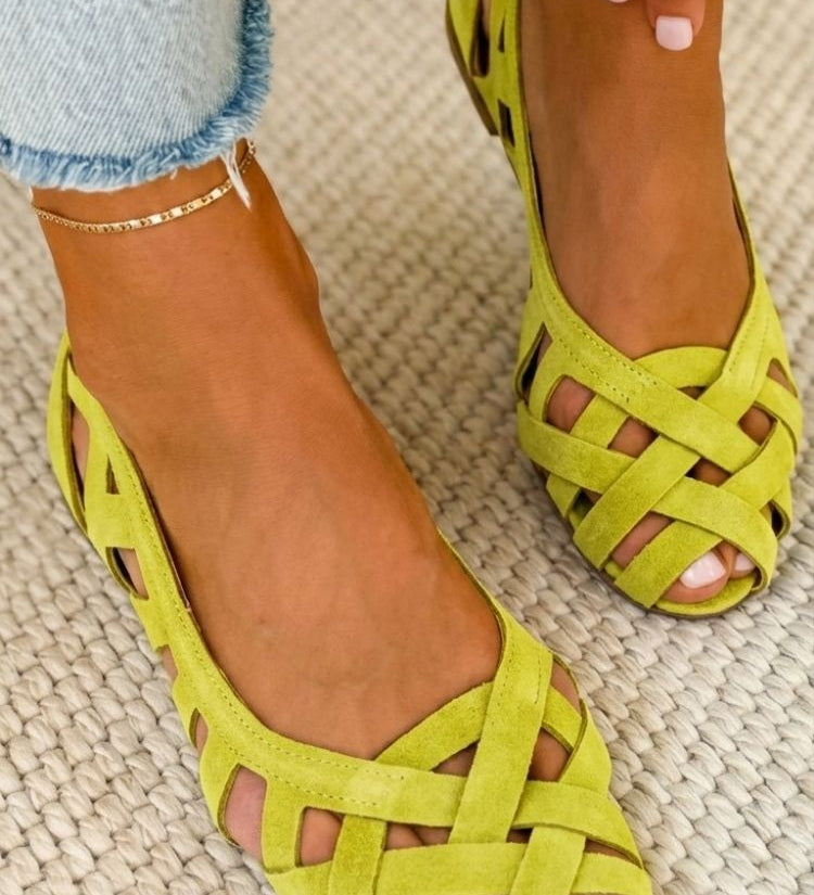 Emma geflochtene Sandalen, gelbgrüne Riemchen mit offenen Zehen