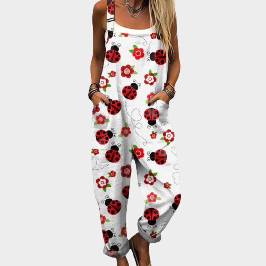 Bequemer Jumpsuit, weiß mit Marienkäfer- und Blumenprint, ärmellos, lange gerade Beine