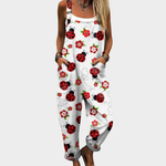 Bequemer Jumpsuit, weiß mit Marienkäfer- und Blumenprint, ärmellos, lange gerade Beine