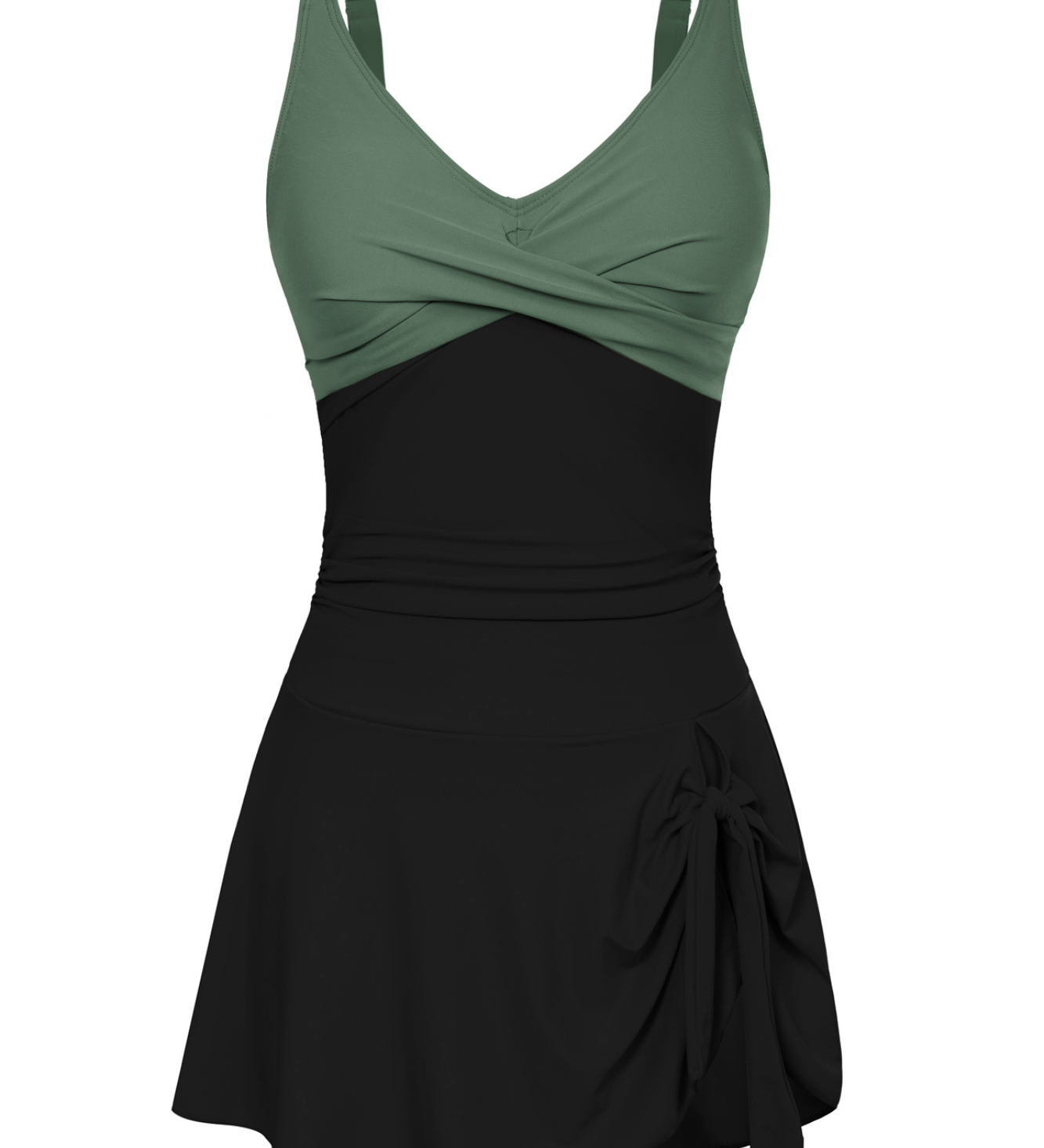 Badekleid mit Wickel-Optik oben, schwarz mit olivgrünen Trägern und Rocksaum