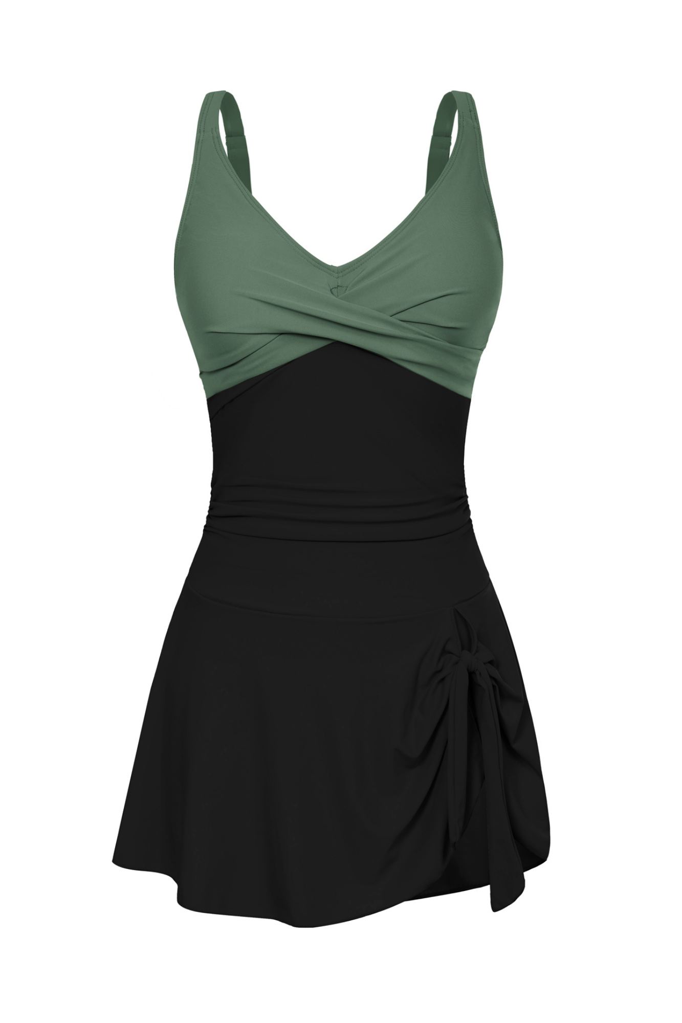 Badekleid mit Wickel-Optik oben, schwarz mit olivgrünen Trägern und Rocksaum