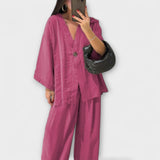 Rosa V-Ausschnitt-Top mit weitem Hosen-Set, lockere Passform