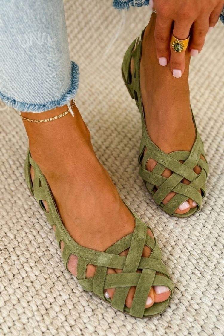 Emma geflochtene Sandalen, olivgrüne Riemchen mit offenen Zehen