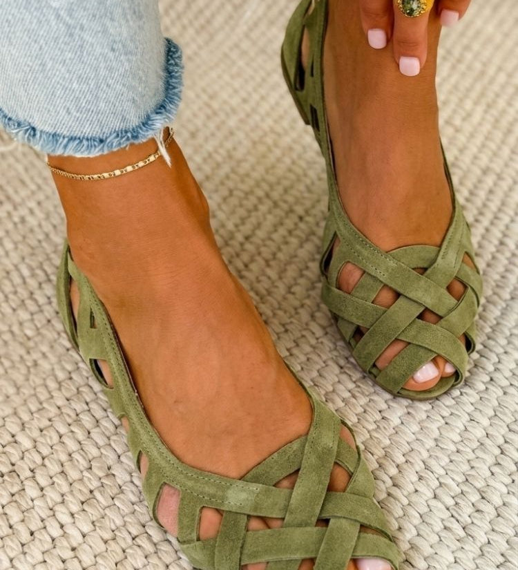 Emma geflochtene Sandalen, olivgrüne Riemchen mit offenen Zehen