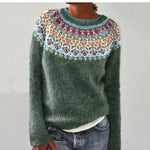 Pullover mit Rundhalsausschnitt, dunkelgrüner Strickoptik und mehrfarbigem Jacquardkragen