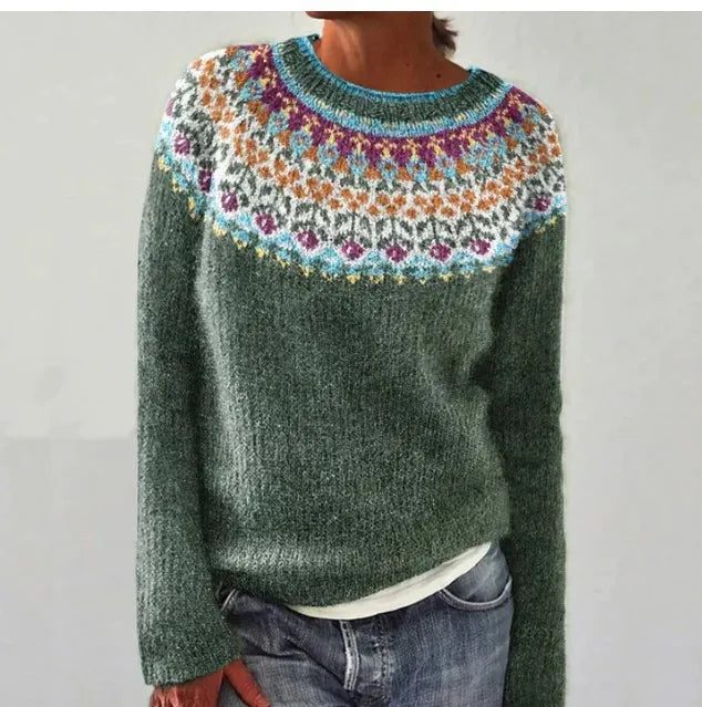 Pullover mit Rundhalsausschnitt, dunkelgrüner Strickoptik und mehrfarbigem Jacquardkragen