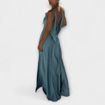 Satin-Maxikleid blau mit seitlichem Schlitz, Spaghettiträgern, fließendem Faltenwurf