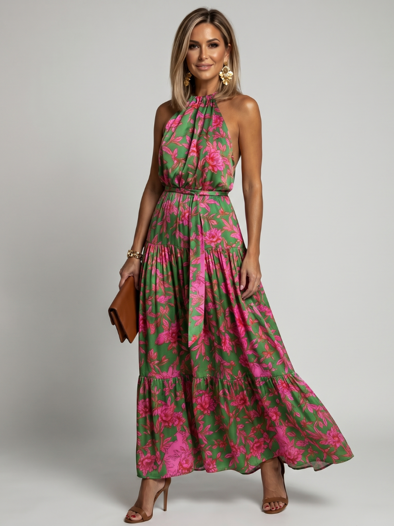Halter-Midi-Kleid mit pinken Blumenprints auf grünem Stoff, bodenlang wirkender Rock