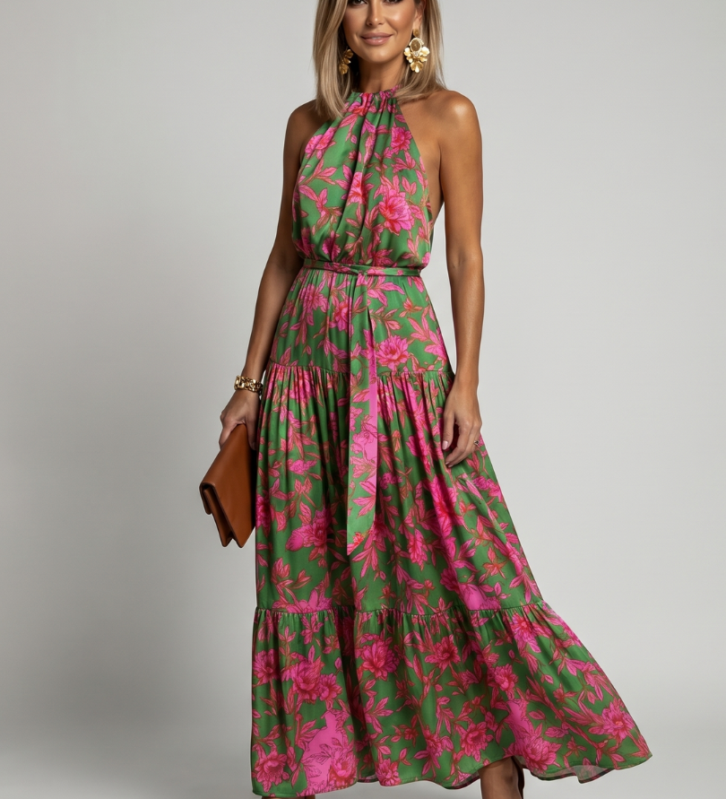 Halter-Midi-Kleid mit pinken Blumenprints auf grünem Stoff, bodenlang wirkender Rock