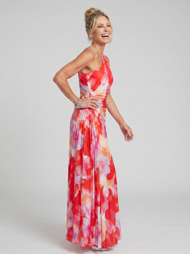 Midi-Kleid One-Shoulder mit plissiertem Oberteil, ärmellos, fließender Rock, Rot-Pink-Blumenmuster