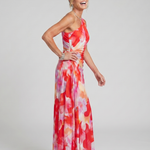 Midi-Kleid One-Shoulder mit plissiertem Oberteil, ärmellos, fließender Rock, Rot-Pink-Blumenmuster