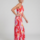 Midi-Kleid One-Shoulder mit plissiertem Oberteil, ärmellos, fließender Rock, Rot-Pink-Blumenmuster