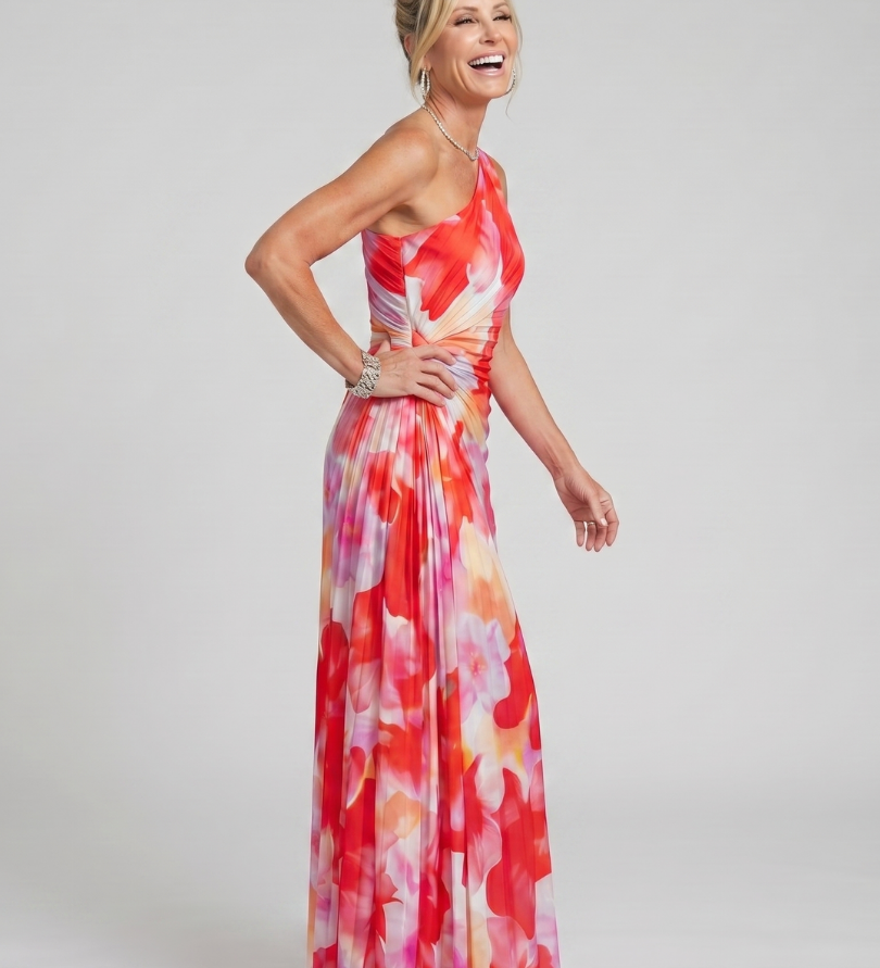 Midi-Kleid One-Shoulder mit plissiertem Oberteil, ärmellos, fließender Rock, Rot-Pink-Blumenmuster