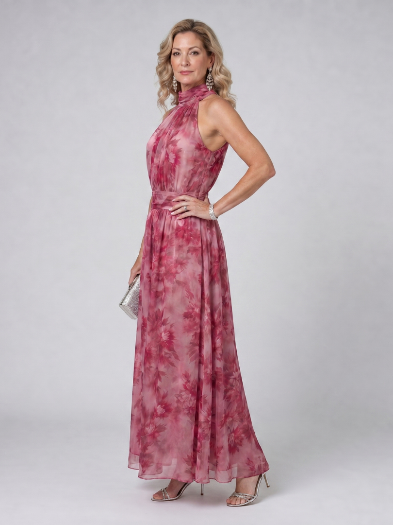 Rosa Batik-Midikleid mit Halfterkragen und eingezogener Taille, ärmellos und fließend