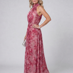 Rosa Batik-Midikleid mit Halfterkragen und eingezogener Taille, ärmellos und fließend