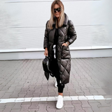 Miriam längere Parka-Jacke, dunkelgrün, wattiert, Kapuze, Reißverschluss, Taschen