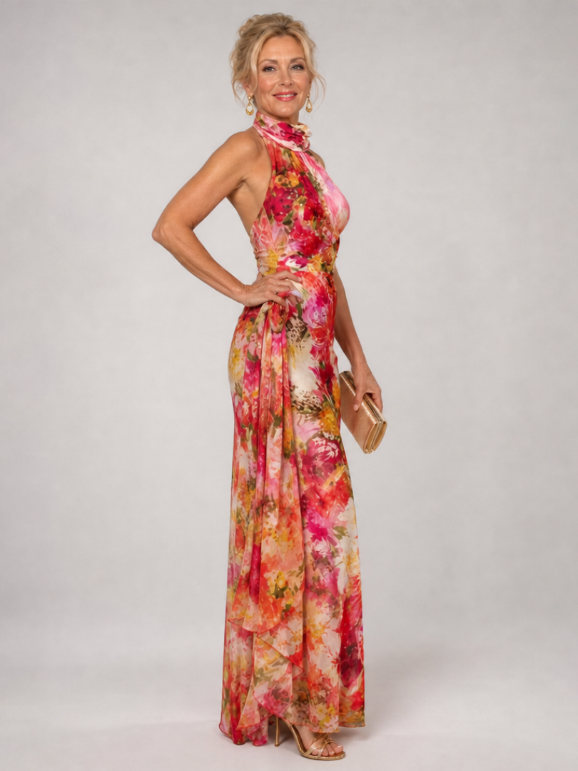 Ärmelloses Maxikleid mit Neckholder, buntes Blumenmuster und Taille mit Naht