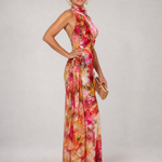 Ärmelloses Maxikleid mit Neckholder, buntes Blumenmuster und Taille mit Naht