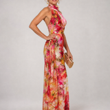 Ärmelloses Maxikleid mit Neckholder, buntes Blumenmuster und Taille mit Naht