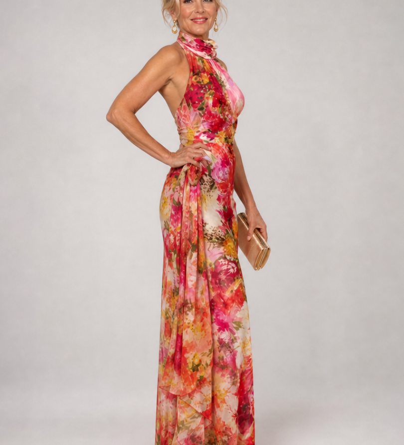Ärmelloses Maxikleid mit Neckholder, buntes Blumenmuster und Taille mit Naht