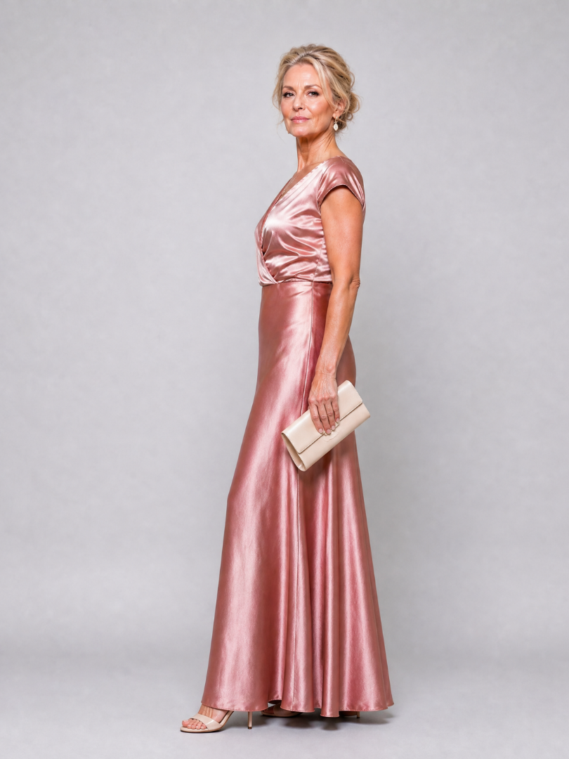 Roségoldfarbenes Maxikleid, Wickeloptik vorn, kurze Ärmel; seitliche Ansicht