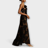 Ein-Schulter-Maxikleid mit schwarzem Rosenmuster und transparentem Einsatz am Rock