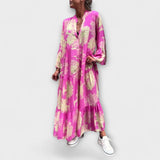 Maxi-Kleid mit V-Ausschnitt, Knopfleiste und 3/4 Ärmeln, pinkes Floral-Muster