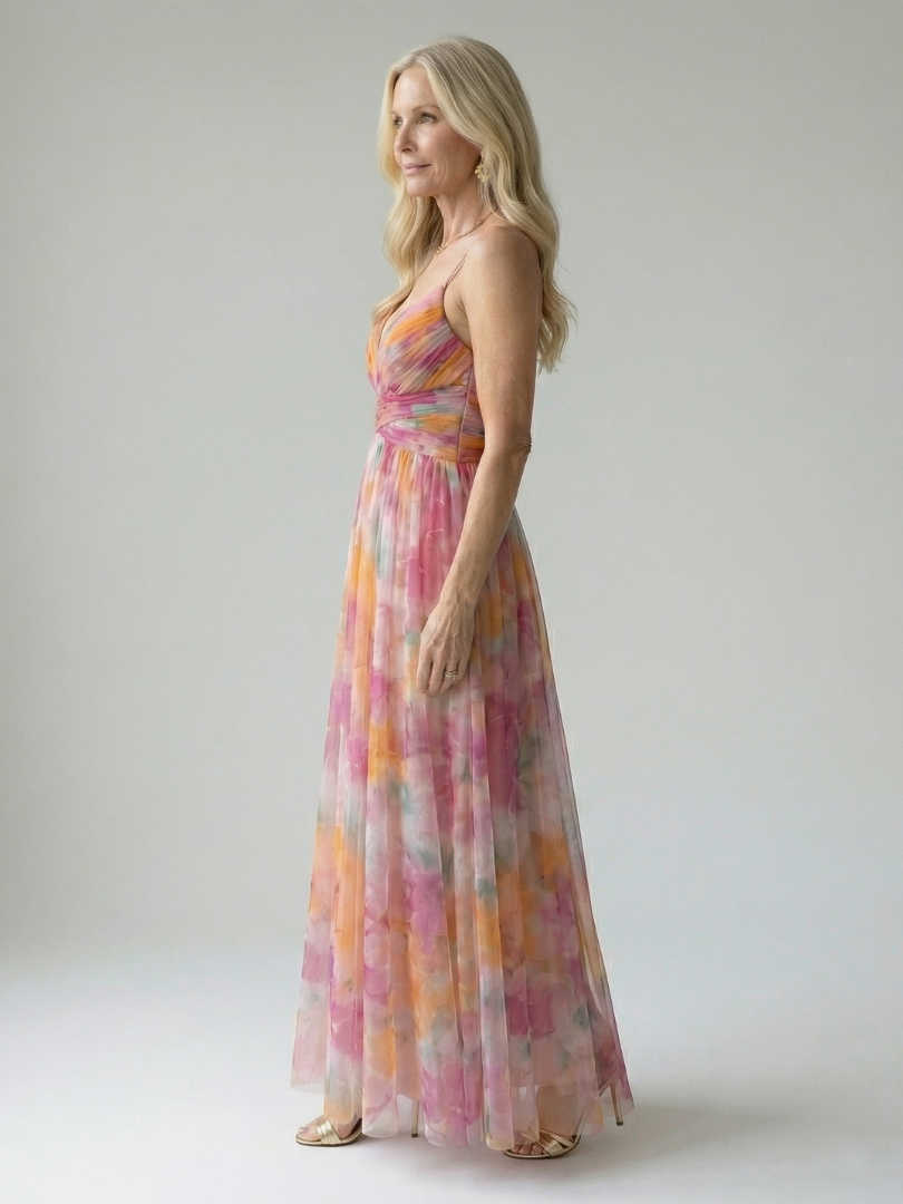 Maxi-Wickelkleid mit bunter Wasserfarben-Optik, schmalen Trägern und weitem Rock