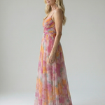 Maxi-Wickelkleid mit bunter Wasserfarben-Optik, schmalen Trägern und weitem Rock