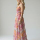 Maxi-Wickelkleid mit bunter Wasserfarben-Optik, schmalen Trägern und weitem Rock