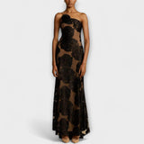 Maxikleid mit floralem Rosenprint, schwarzer Spitze und transparenten Meshbereichen