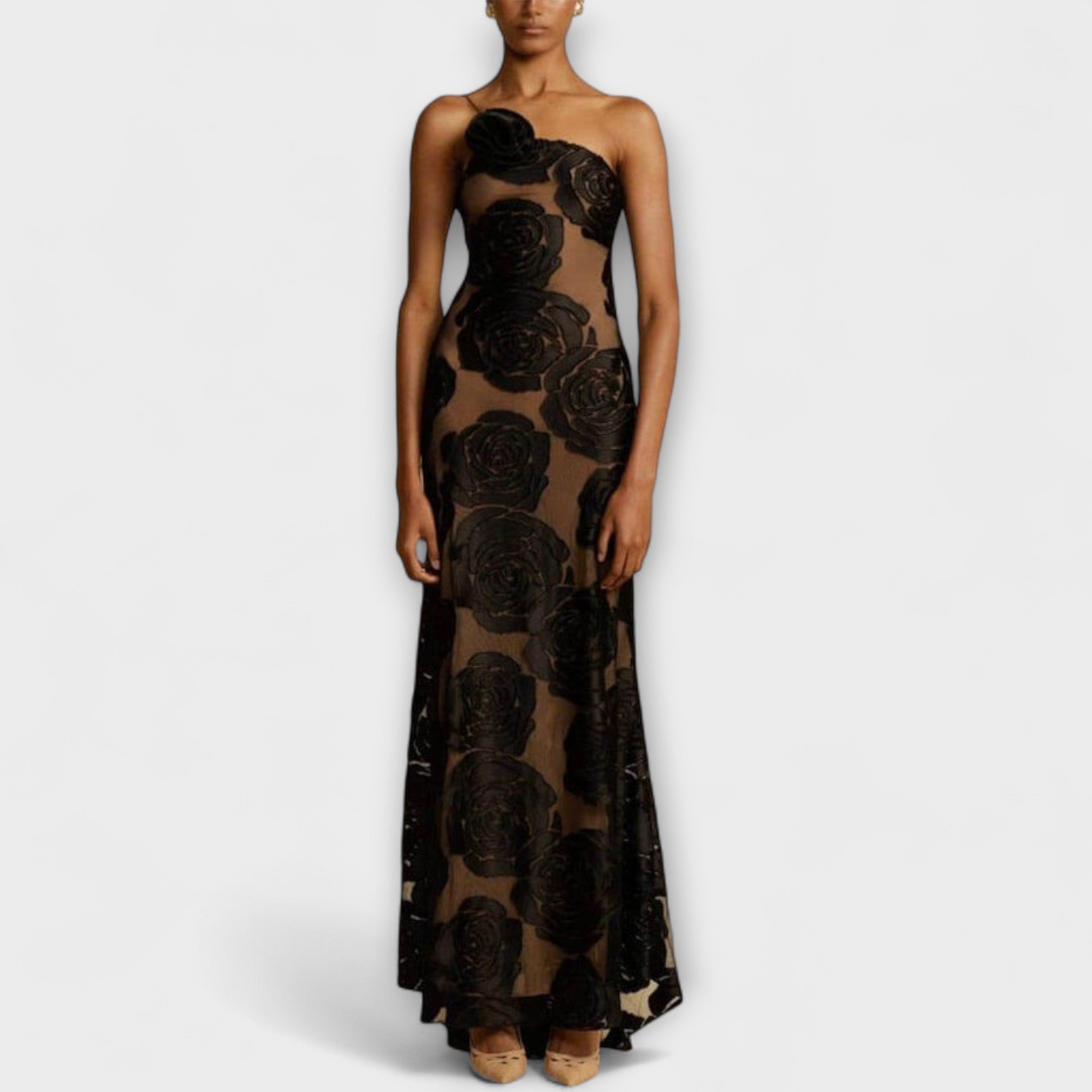 Maxikleid mit floralem Rosenprint, schwarzer Spitze und transparenten Meshbereichen